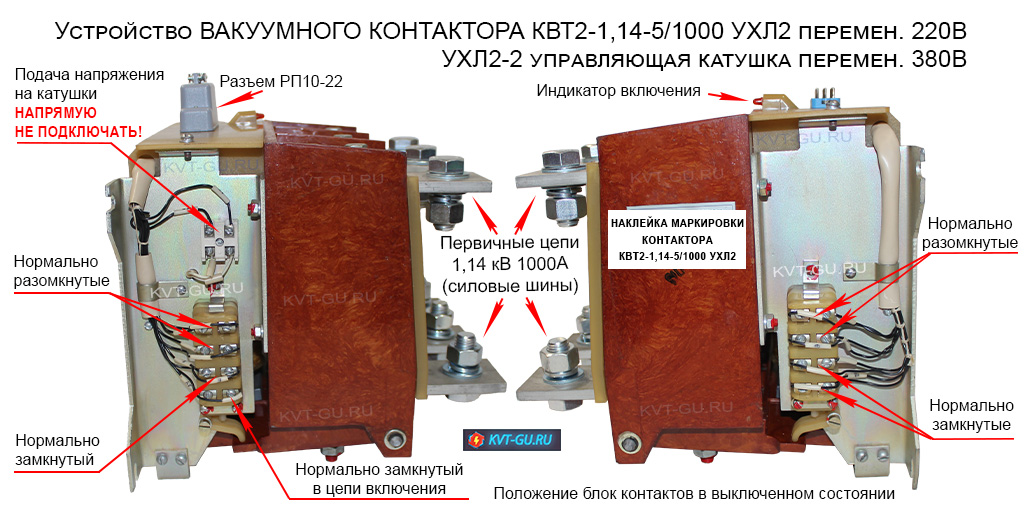 Устройство и работа вакуумного контактора на 1000а модели КВТ2-1,14-5/1000. УХЛ2 это обозначение исполнения с управляющей катушкой на 220В и УХЛ2-2 на 380В. Вспомогательные блок контакты рассчитаны на пропускной ток до 10 ампер и напряжение 660В. Наглядно показано их расположение и принцип работы. На разъем, где идет подача нагрузки на катушки, запрещено прямое подключение от сети. Напряжение должно поступать только с платы управления. Так как, после включения контактора, питание на катушки идет по другой цепочке. На них поступает более меньшая мощность, достаточная для удержания аппарата во включенном положении. Если бы мощность осталась равной необходимой мощности включения, то произошел бы перегрев катушек и их воспламенение. Блок контакты меняют свое положения на замкнутые или разомкнутые в зависимости от положения управляющего рычага. Управляющий рычаг под воздействием плиты включения воздействует на шток блок контактов. Который в свою очередь связан с контактными площадками. Происходит замыкание или разрыв вторичных цепей сигнализации и управления. Все вспомогательные цепи выводятся на разъем РП10-22, установленный в верхней части корпуса контактора. Разъем позволяет в случае вышедшего из строя или отказавшего контактора произвести его экстренную замену.